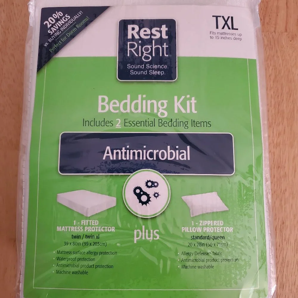 Rest Right Bedding Kit Antimicrobial Pillow & Mattess Cover Protector Twin XL
